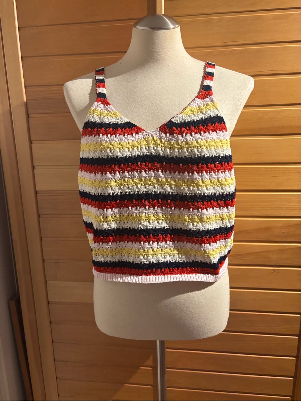 BNWT by PIECES Striped Cropped Knit Tank Top in White, Yellow, Navy & Red